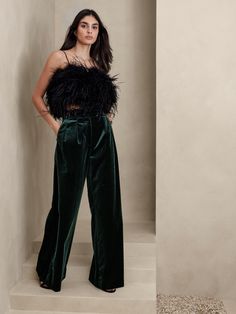 In a word? Sumptuous.  But we can think of many to describe the soft feeling of this luxurious ultra high-rise pleated pant, crafted from a plush velvet fabrication with sophisticated touches, like pleated detail and trouser crease for polished appea Velvet Pants Outfit, Dark Green Pants, Velvet Pant, Velvet Trousers, Slack Pants, Ultra Wide, Cocktail Attire, Holiday Party Outfit, Velvet Pants