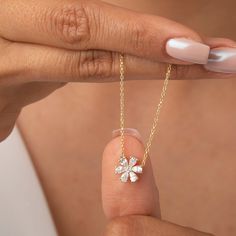 Enhance your style with our enchanting 14k Gold Flower Diamond Necklace. This exquisite piece features delicate a flower petal adorned with sparkling marquise diamonds, creating a stunning pendant. It's a perfect gift for women or bridesmaids, symbolizing beauty and grace. Order now and bloom with elegance and sophistication! Alternatively, choose from our options of lab-grown diamonds or dazzling moissanites at three different price points to fit your unique preferences and budget. Please check Diamond Jewelry With Flower Charm, Delicate White Gold Flower Pendant Necklace, Rose Gold Diamond Flower Jewelry, Brilliant Cut Flower Pendant Jewelry, Rose Gold Flower Diamond Jewelry, Flower Shaped Diamond Necklace For Anniversary, Diamond Flower Necklace For Anniversary, Flower-shaped Diamond Necklace For Anniversary, Delicate Diamond Flower Jewelry