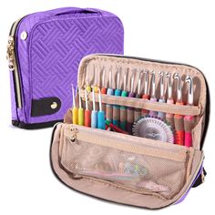 a purple case filled with lots of different types of knitting needles