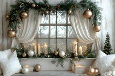 a window decorated with christmas decorations and candles