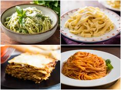 there are four different types of food on the plates and in bowls, one is pasta