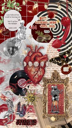 altered collage with red and black items