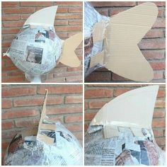 four pictures of different angles of a paper mache fish on a brick wall, with instructions to make it look like an origami