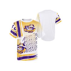 Boldly gear up your young fan for game day with this LSU Tigers Gametime Multi-Hit T-shirt. It features oversized team graphics across the front in the form of colorful wordmarks, team logos and stylized stripes. One look at the collage of LSU Tigers iconography on this shirt will leave no doubt about your kiddo's ever-growing love of their favorites.Boldly gear up your young fan for game day with this LSU Tigers Gametime Multi-Hit T-shirt. It features oversized team graphics across the front in the form of colorful wordmarks, team logos and stylized stripes. One look at the collage of LSU Tigers iconography on this shirt will leave no doubt about your kiddo's ever-growing love of their favorites.PRODUCT FEATURESImportedBrand: OuterstuffMaterial: 100% CottonShort sleeveMachine wash with ga Lsu Tigers, Game Time, Oversized T Shirt, Oversized Tshirt, Game Day, First Look, Tigers, Preschool, Stripes