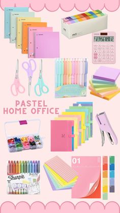 pastel home office supplies are displayed on a pink background