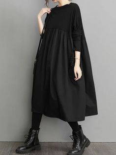 Simple Loose Black Split-Joint Long Sleeves Midi Dress Black Long Sleeve Midi Dress, Neck Wrinkles, Simple Black Dress, High Waist Dress, Mode Inspo, Long Sleeve Midi, Long Sleeve Midi Dress, Solid Dress, Looks Style