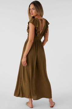 Elegant woven maxi dress that has a deep v-neckline, ruffle detail and solid color wash. O'Neill Women's woven maxi dress 56" In length Bodice ruffles Pin tucks on bodice Tie back detail Solid color wash 100% Viscose Crinkle | O'Neill Women's Nolee Solid Maxi Dress in Military Olive, Size XS, Viscose Green V-neck Maxi Dress With Smocked Back, Flowy Maxi Length V-neck Dress With Ruffles, Flowy Ruffled V-neck Maxi Dress, Solid Bohemian Maxi Dress, Chic V-neck Ruffled Maxi Dress, Beach V-neck Ruffle Maxi Dress, Beach V-neck Maxi Dress With Ruffles, Maxi Length V-neck Ruffled Beach Dress, Chic Rayon V-neck Maxi Dress