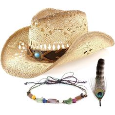 PRICES MAY VARY. Material:Made from 100% straw, our cowboy hat is not only comfortable and environmentally friendly, but it also retains its perfect shape. DESIGN: Our women's and men's straw cowboy hats have moldable brims and beautifully patterned and trimmed bands, and each hat comes with two different style bands and a faux feather, allowing you to show off your unique style for everyday wear or as a fashionable clothing accessory. Size:With a 4 inch deep crown and 3.5 inch wide shapeable br Straw Cowboy Hats, Straw Cowboy Hat, Cowgirl Hat, Cowgirl Hats, Cowboy Hat, Sun Hat, Sun Hats, Costume Accessories, Cowboy Hats