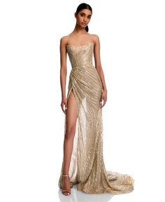 strapless corset sheer sequin beaded gold wedding dresses with high leg slit Champagne Gold Wedding Dress, Champagne Gold Dress, Rose Gold Wedding Dress, Chosen By Kyha, Prom Gold, Gold Wedding Gowns, Gold Formal Dress, Gold Wedding Dress, Gold Prom Dresses