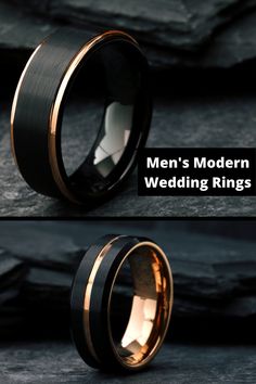 men's modern wedding rings with black and gold inlays