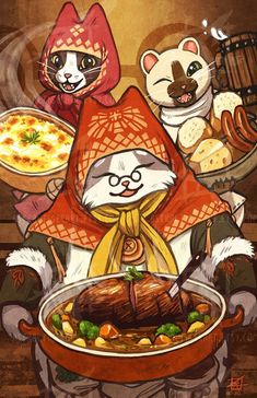 two racoons are dressed up as little red riding hoods and one is holding a pan of food