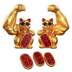 two gold cats with sunglasses on their faces and one has a pair of shoes in front of them