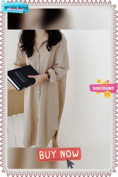 3/4 Sleeve Cotton-blend Solid Casual Dress Long Sleeve Shift Midi Dress For Daywear, Shift Midi Dress With Long Sleeves For Day Out, Beige Long Sleeve Cotton Shirt Dress, Cotton Long Sleeve Midi Dress For Office, Long Sleeve Cotton Midi Dress For Office, Oversized Long Sleeve Midi Dress, Beige Long Sleeve Midi Dress For Office, Summer Office Long Sleeve Midi Dress, Beige Long Sleeve Shift Midi Dress