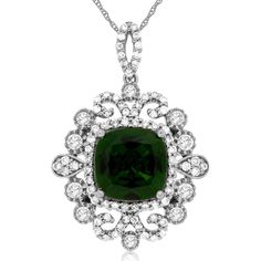 Royal 14K White Gold Pendant with Cushion Cut Russalite - 2.15 Carat and Halo of Diamonds - 0.57 Carat Total Diamond Weight Exquisite Cushion Cut Gia Certified Jewelry, Luxury Green Cushion Cut Jewelry, Elegant Cushion Cut Gemstones With Prong Setting, Elegant Cushion Cut Gemstone With Center Stone, Elegant Cushion Cut Gemstones, Gia Certified Timeless Cushion Cut Jewelry, Classic Cushion Cut Brilliant Gemstones, Gia Certified Green Cushion Cut Jewelry, Green Cushion Cut Diamond Jewelry