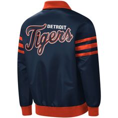 For a bold display of Detroit Tigers loyalty, The Captain II jacket from Starter leads the way. The embroidered Detroit Tigers appliques on the front and back are accentuated by stripes in a contrasting team color. Adding in glossy satin fabric and a classic varsity design, this full-zip jacket puts all eyes on your undeniable fandom.For a bold display of Detroit Tigers loyalty, The Captain II jacket from Starter leads the way. The embroidered Detroit Tigers appliques on the front and back are a Tiger Applique, Varsity Design, Embroidered Fabric, Detroit Tigers, All Eyes, All About Eyes, Zip Jacket, Knit Cuff, Team Colors