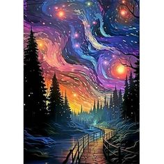 a painting of a night sky with stars and trees