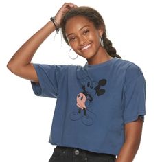 Juniors' Disney's Mickey Mouse Cropped Raw Edge Hem Tee. Brand New With Tag, Unused. Ship With Care.Emm Xr7. Showcase Mickey Mouse's Signature Style When You Sport This Iconic Graphic Tee. Disney Product Features Crewneck Drop-Shoulder Sleeves Raw Edge Hem Jersey Construction Fabric & Care Cotton, Polyester Machine Wash Imported Casual Mickey Mouse Crew Neck Top, Trendy Minnie Mouse Crew Neck Top, Blue Short Sleeve Tops With Mickey Mouse, Blue Mickey Mouse Short Sleeve Tops, Blue Mickey Mouse T-shirt For Disney Events, Disney Blue Top For Streetwear, Disney Cotton Tops For Streetwear, Trendy Mickey Mouse Short Sleeve Top, Casual Mickey Mouse Relaxed Fit Tops