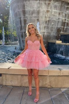 Pink Appliques Strapless A-line Multi-Layers Homecoming Dress Sheer Corset, Pink Homecoming, Tulle Homecoming Dress, Pink Homecoming Dress, Short Party Dress, Corset Bodice, A Line Shorts, Different Dresses, Pink Tulle