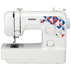 the brother sewing machine is white and has red, blue, and green designs on it