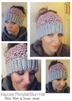 four photos of a woman wearing a crocheted hat