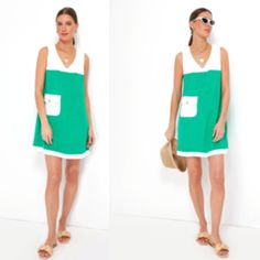 Tuckernuck | New Green And White Colorblock Kelly Mini Dress Size Xs Condition: Great New With Tag Condition With No Visible Rips, Tears, Or Stains. Note, As The Item Has Been Through A Retail Environment Wrinkling, Lint, And Loose Threads May Be Present. Other Signs Of Minor Wear May Be Found That Have Not Been Previously Noted. Please Refer To Photos To Further Evaluate Condition. Details: V-Neckline Sleeveless Front Pocket Adorned With Gold Button Color Blocking Relaxed Fit Mini Length Machin Green Color Block Vacation Dress, Green Color Block Dress For Vacation, Green Color Block V-neck Dress, Green V-neck Color Block Dress, Green Color Block Mini Dress, Green Casual Color Block Dress, Casual Green Color Block Dress, Casual White Color Block Dress, Color Block Mini Dress For Vacation