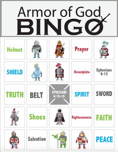 Armor of God Bingo Childrens Ministry Games, Bible Bingo, Armor Of God Lesson, Bingo Ideas, Childrens Ministry Curriculum, Sunday School Games, Church Games, The Armor Of God, Bible Activities For Kids