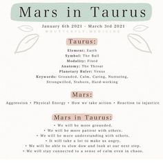 the mars in taurus poster is shown with information for each zodiac sign and date