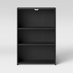 an empty black bookcase with three shelves