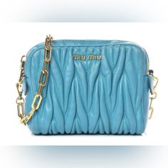 Miu Miu Nappa Matelasse Double Zip Chain Mini Shoulder Bag Blue Miu Miu Blue Bag, Bag Light, Mini Shoulder Bag, Blue Lagoon, Blue Bags, Miu Miu, Crossbody Bag, Color Blue, Light Blue