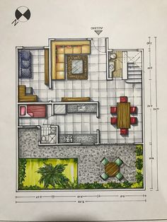 a drawing of a floor plan for a house with an outdoor dining area and kitchen