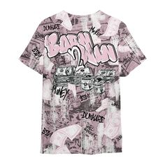 Brand Dunkare Orchid 4s Shirt Born To Win Money All Over Print Unisex Shirt Pink Crew Neck Top With All Over Print, Pink All-over Print Crew Neck Tops, Pink Graphic Design Shirt For Streetwear, Urban Style Pink Top With Graphic Print, Urban Pink Top With Graphic Print, Urban Pink Graphic Print Top, Pink Graffiti Print Top For Streetwear, Pink Cotton T-shirt With All Over Print, Pink Relaxed Fit Urban Tops