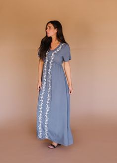 It has a loose fit and it is fully lined It fits true to size It features an elastic waistband Fabric has no stretch Models is 5’8″ and wearing a Small  Small: Bust 32″ Length 58″  Medium: Bust 34″ Length 59”  Large: Bust 36″ Length 59.5″ Modest Summer Dresses With Lace Trim, Modest Lace Trim Summer Dress, Casual V-neck Maxi Dress With Floral Embroidery, Casual Short Sleeve Maxi Dress With Floral Embroidery, Spring Modest Dress With Lace Trim, Modest Spring Dresses With Lace Trim, Flowy V-neck Embroidered Dress, Modest Floral Embroidered Maxi Dress, Modest Fitted Dress With Floral Embroidery