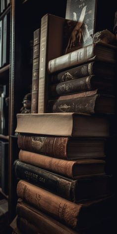 a stack of books sitting on top of a wooden shelf next to a book case