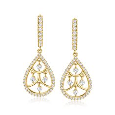 Ross-Simons - .80 ct. t. w. Cubic Zirconia Teardrop Earrings in 14kt Yellow Gold. Perfect for elevating any going-out ensemble, these elegant teardrop earrings sparkle for .80 ct. t. w. round brilliant-cut CZs in polished 14kt yellow gold. Hanging length is 1 1/4". Hinged post, CZ teardrop earrings. CZ weights are diamond equivalents. Sparkle Earrings, Teardrop Earrings, Round Brilliant, Cubic Zirconia, Going Out, Fine Jewelry, Jewelry Earrings, Sparkle, Yellow Gold