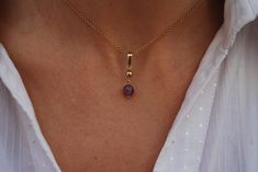 Sterling silver necklace with amethyst and yelloww gold plated in 24K, dainty necklace with extension to lengthen, drop necklace: 25 mm (0,98 in) diameter stone: 6 mm (0,24 in) chain measure: 40 cms (15,75 in) Elegant Yellow Gold Amethyst Necklace, Elegant Purple Pendant Birthstone Necklace, Elegant Amethyst Pendant Necklace, Elegant Gold Amethyst Birthstone Necklace, Elegant Amethyst Birthstone Necklace, Elegant Gemstone Pendant Charm Necklaces, Elegant Gemstone Pendant Charm Necklace, Elegant Amethyst Round Pendant Jewelry, Elegant Purple Necklace With Delicate Chain