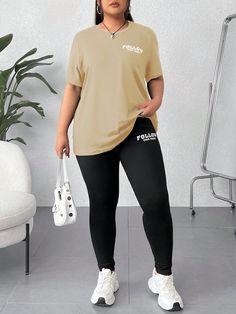 Plus Size Alphabet Printed T-Shirt And Leggings Set Apricot Casual  Short Sleeve Knitted Fabric Letter  High Stretch  Women Plus Clothing, size features are:Bust: ,Length: ,Sleeve Length: Gym Outfits For Women Plus Size, Workout Leggings Outfit, Long Tee Shirts, Plus Size Workout, Gym Clothes Women, Long Tee, Fabric Letters, Leggings Set, Co Ords