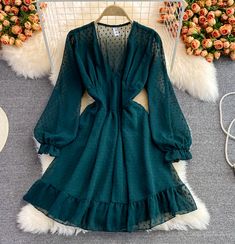 Chiffon V-neck Mini Dress For Party, Green Mini V-neck Evening Dress, Green V-neck Mini Dress For Fall, Chic Green Mini Length V-neck Dress, Green V-neck Mini Dress For Winter, Chic Sheer V-neck Mini Dress, Green Mini Length V-neck Dress For Evening, Elegant V-neck Mesh Dress For Summer, Spring V-neck Mesh Dress For Night Out