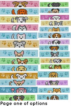 cross stitch pattern with dogs and cats in different colors on the same page, one of which