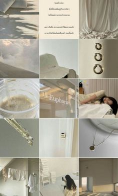 a collage of photos with white furniture and accessories in them, including an empty bed