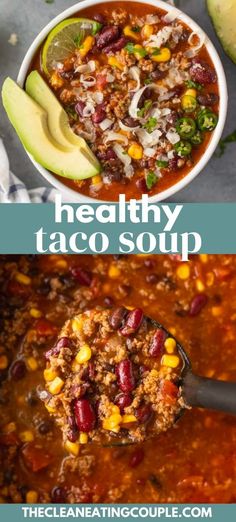 healthy taco soup in a white bowl with spoon and avocado on the side