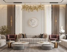 a living room filled with furniture and a chandelier hanging above the couches