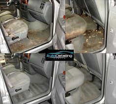 four pictures of the inside of a car that is dirty and needs to be cleaned