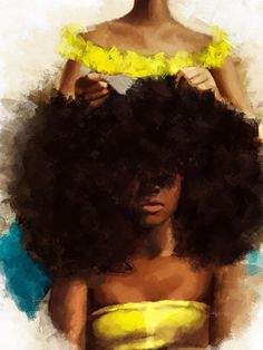 an artistic painting of a woman with her hair in the air and yellow top on