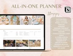 the all in one planner is displayed on a laptop screen with pink flowers and greenery