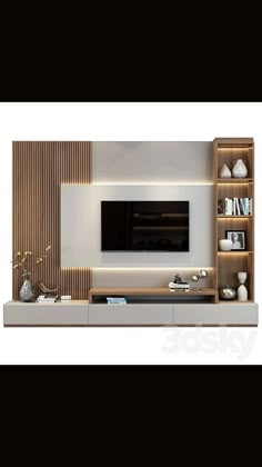 modern living room with entertainment center and built - in bookshelves on the wall