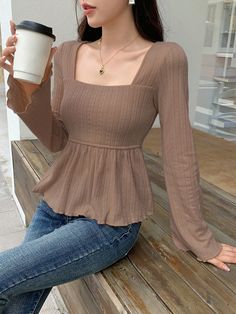 Women's Solid Color Square Neck Long Sleeve Ruffle Hem Casual T-Shirt Khaki Casual  Long Sleeve Fabric Plain  Medium Stretch  Women Clothing, size features are:Bust: ,Length: ,Sleeve Length: Easy Hairstyles For Thick Hair, Fashion Blouses, Hem Top, Coffee Brown, Women T Shirts, Mua Sắm, Inspiration Mode, White Casual, Flared Sleeves