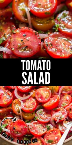 tomatoes and onions being cooked in a skillet with the words tomato salad above them