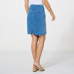 HUE Game Changing Denim Pencil Skirt  Effortless and flattering, HUE presents a pencil skirt that changes the game. Made of the softest, stretchy denim, comfort waistband and functional back pockets makes this garment a reliable go-to. Stretch Short Denim Skirt With Lining, Casual Stretch Pencil Skirt Short Length, Chic Stretch Denim Pencil Skirt, Medium Wash Stretch Mini Skirt, Denim Blue Pencil Skirt, Spring Stretch Denim Pencil Skirt, Casual Denim Stretch Pencil Skirt, Denim Blue Pencil Skirt With Pockets, Medium Wash Stretch Pencil Skirt