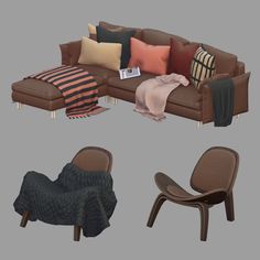 a couch, chair and ottoman are shown in three different angles