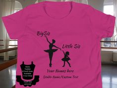 Available in additional adult youth and toddler sizes.  Please visit our shop to see all options.  The color of font can be customized and can accommodate most requests for additional personalization.  Reach out via message for any special requests and I can create what you are looking for.  Reach out for information on making a bulk order for your studio. This is the tee that you've been looking for, and it's bound to become a favorite in any youngster's wardrobe. It's light, soft, and comes wi Pink Stretch Tops For Dance, Fitted T-shirt With Name Print For Dance Class, Fitted Custom Print T-shirt For Dance Class, Ballerina Dance, Dance Shirt, Dance Gifts, Dance Shirts, Big Sis, Bulk Order